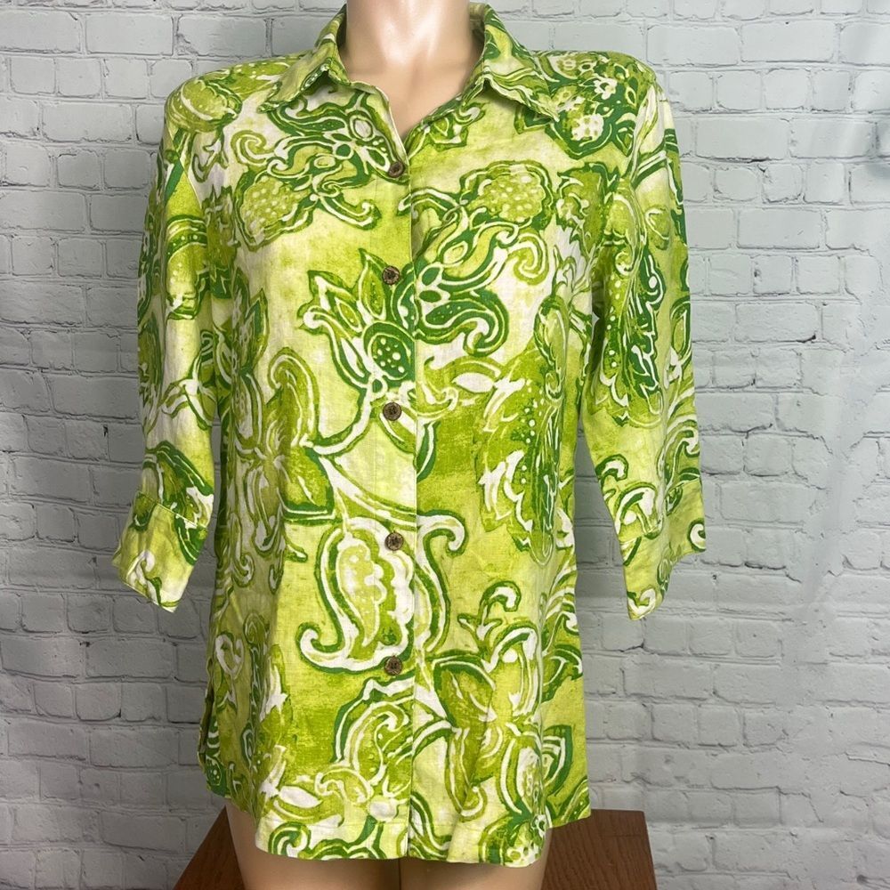 Chico's Women's Shirt 100% Linen Green Tropical Floral Button Coastal Sz Medium